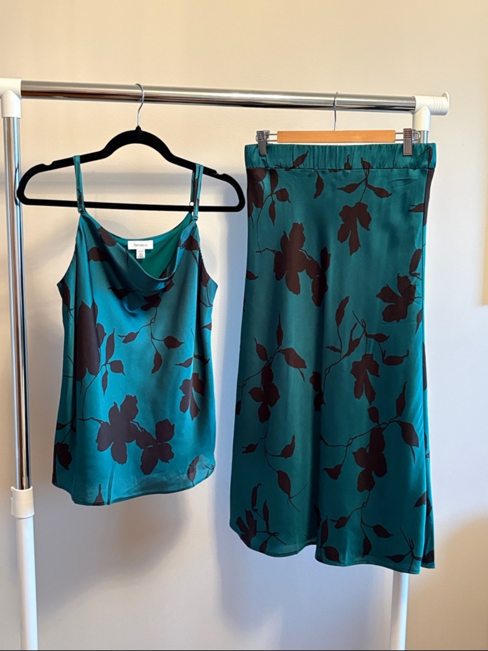 Emerald Floral Satin Cami and Skirt Set